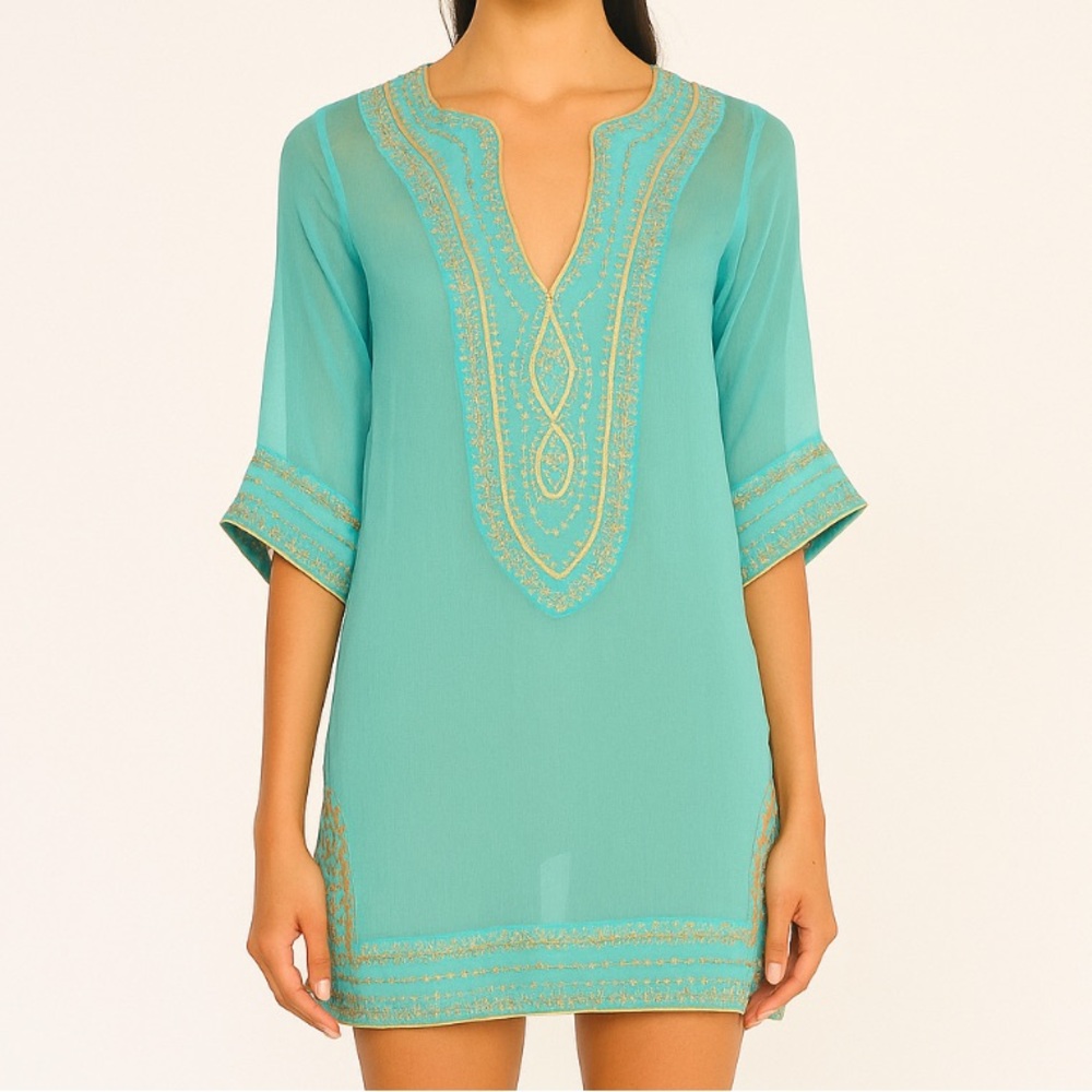 Theme | Turquoise Blue Mini Dress Gold Embroidery Small Semi Sheer